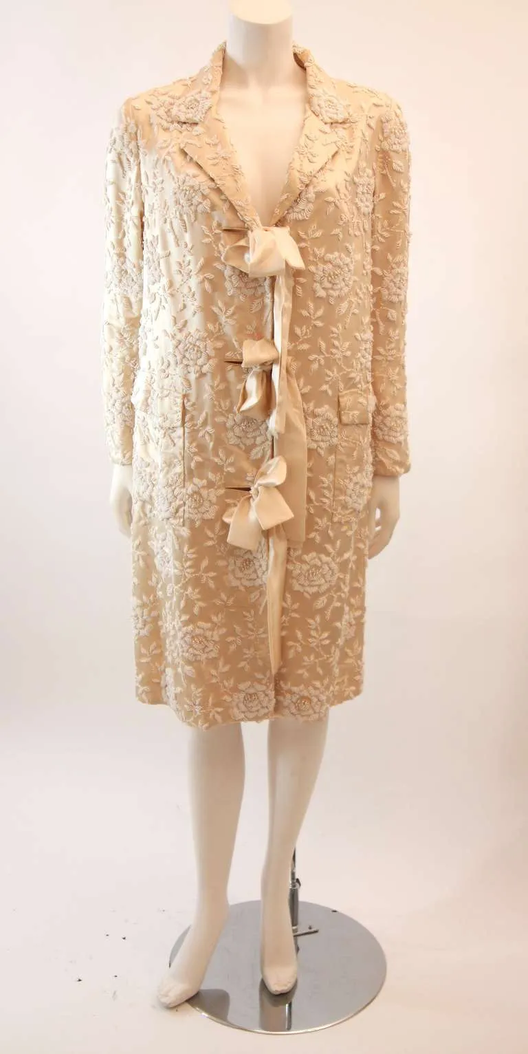 VINTAGE Cream Silk Coat w/ White Floral Beaded Motif & Ribbon Tie