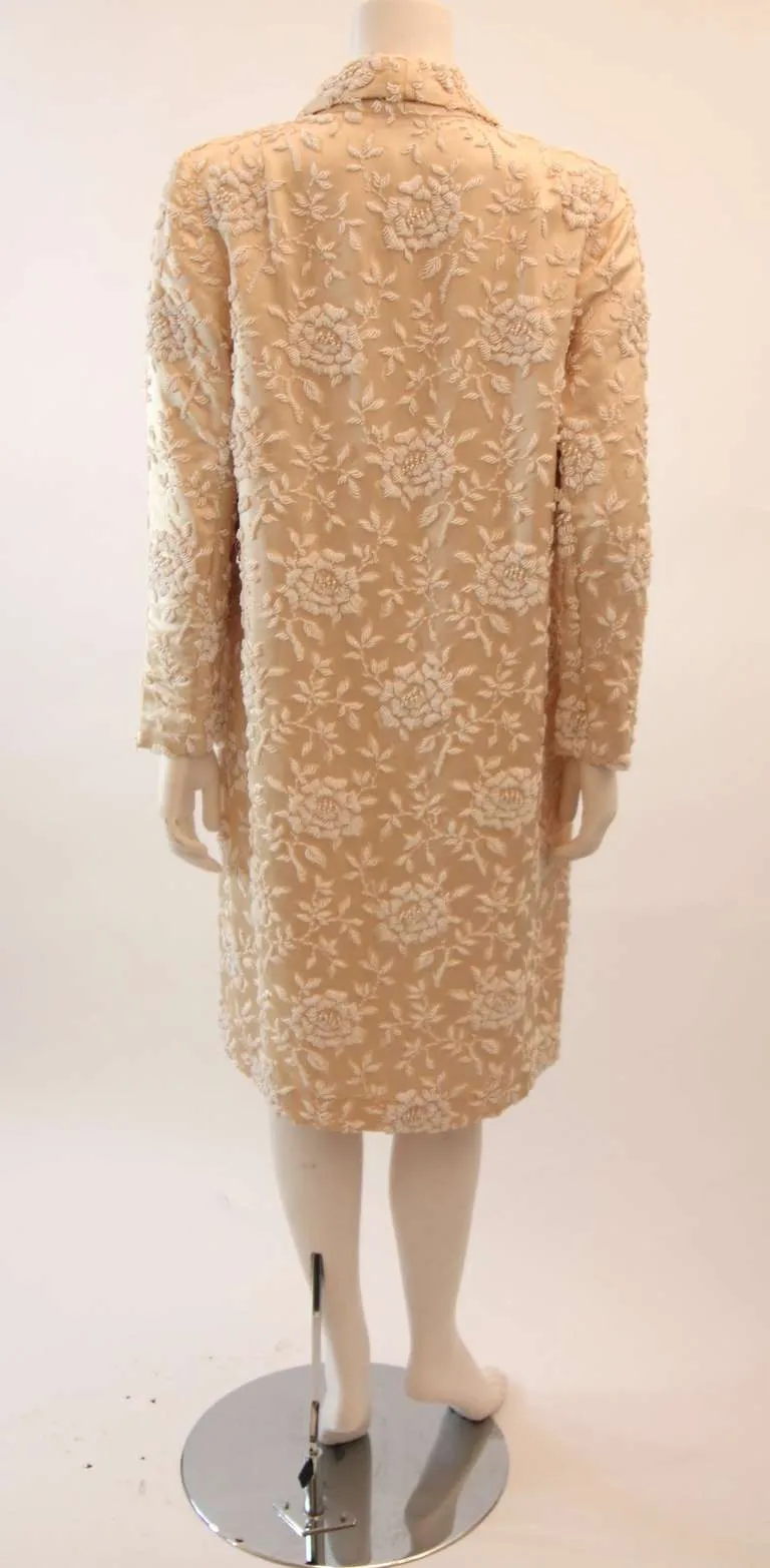 VINTAGE Cream Silk Coat w/ White Floral Beaded Motif & Ribbon Tie