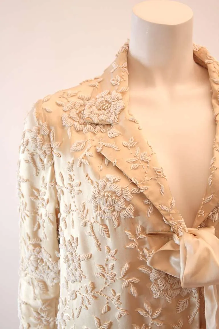 VINTAGE Cream Silk Coat w/ White Floral Beaded Motif & Ribbon Tie