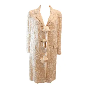 VINTAGE Cream Silk Coat w/ White Floral Beaded Motif & Ribbon Tie