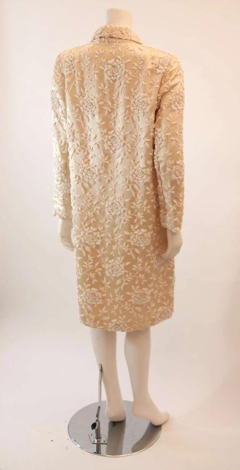 VINTAGE Cream Silk Coat w/ White Floral Beaded Motif & Ribbon Tie