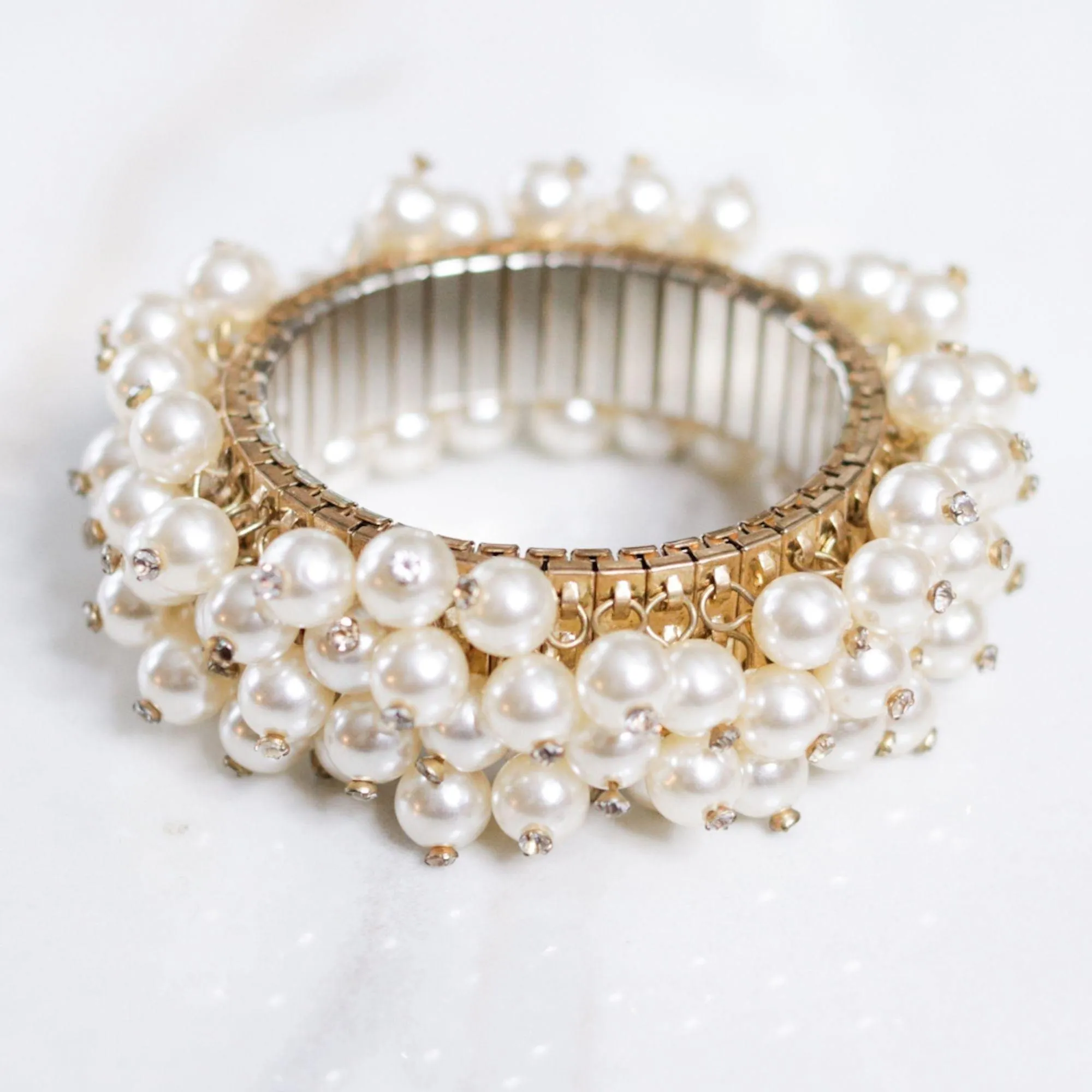 Vintage Faux Pearl with Rhinestones Cha Cha Bracelet