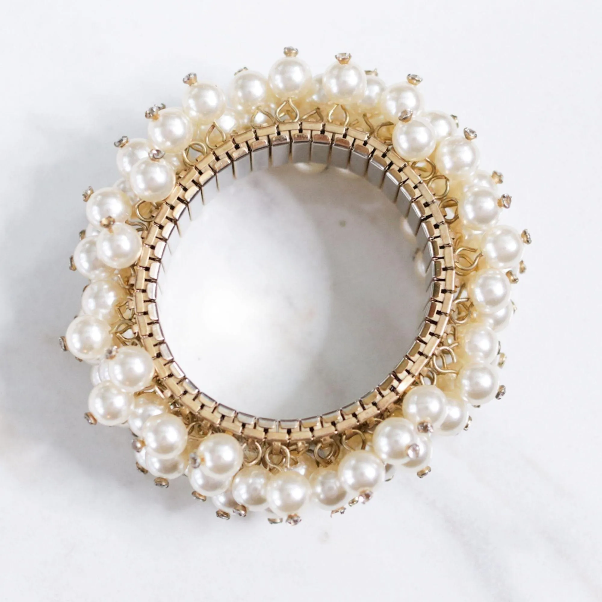 Vintage Faux Pearl with Rhinestones Cha Cha Bracelet