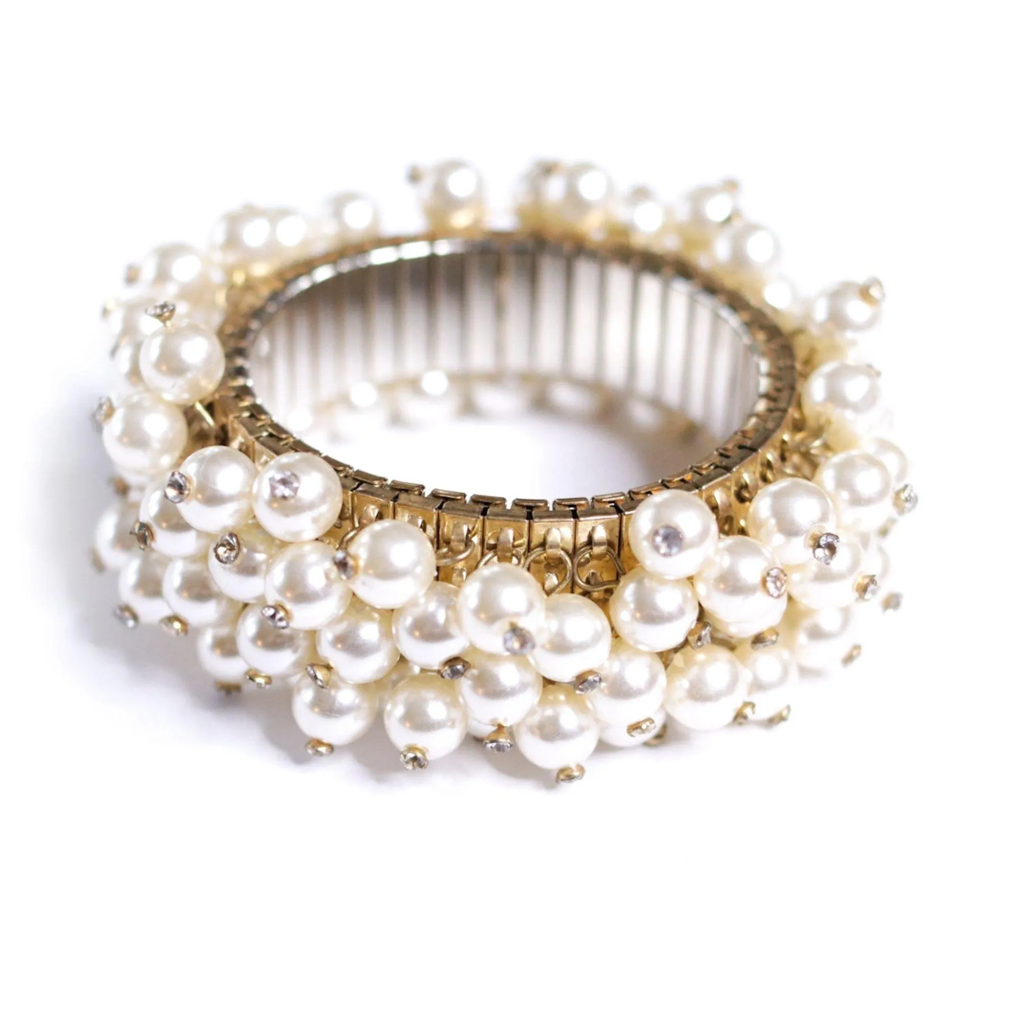 Vintage Faux Pearl with Rhinestones Cha Cha Bracelet