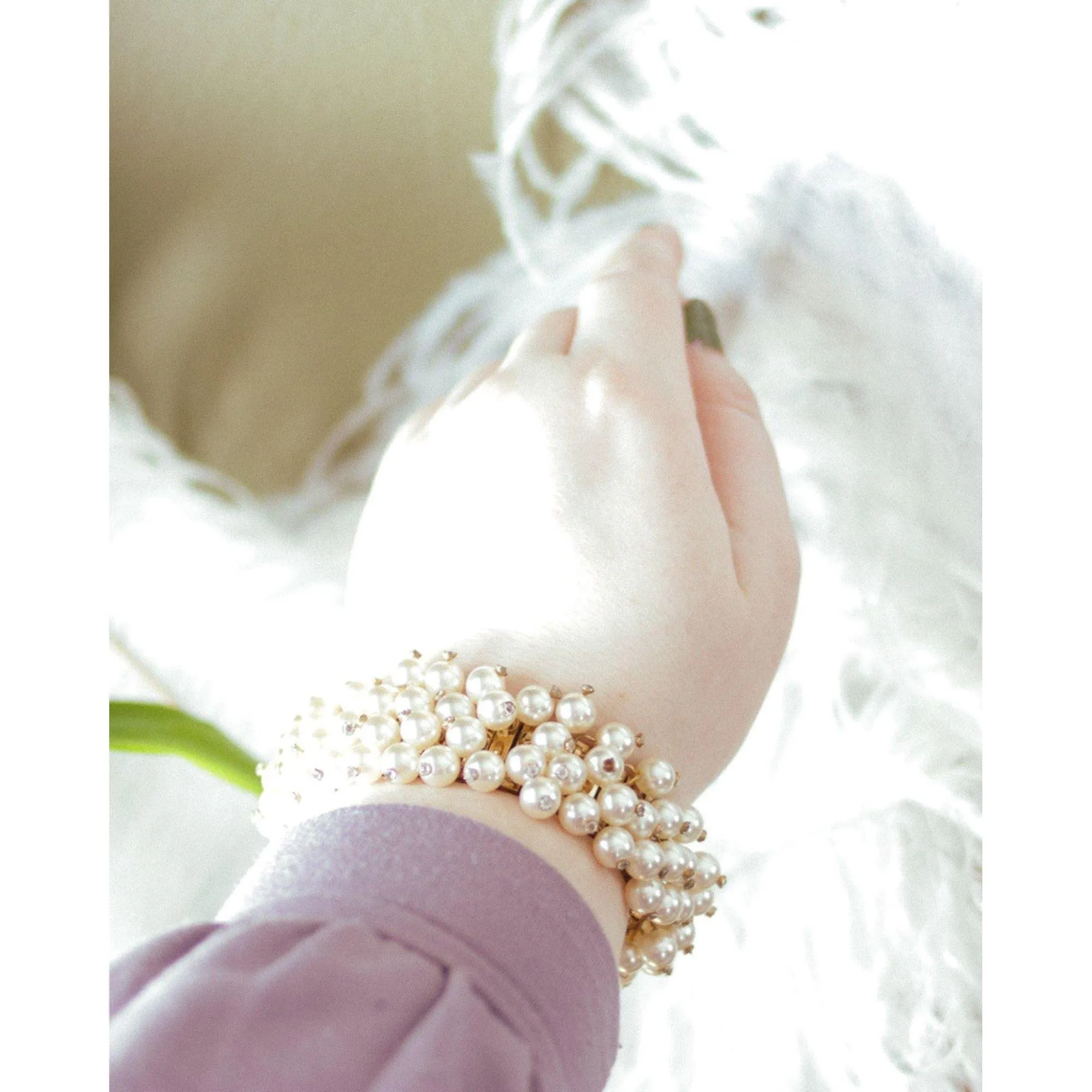 Vintage Faux Pearl with Rhinestones Cha Cha Bracelet
