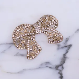 Vintage Gold Bow Brooch with Floral Design and Diamante Rhinestones