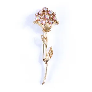 Vintage Gold Long Stem Flower Brooch with Pink Aurora Borealis Rhinestones