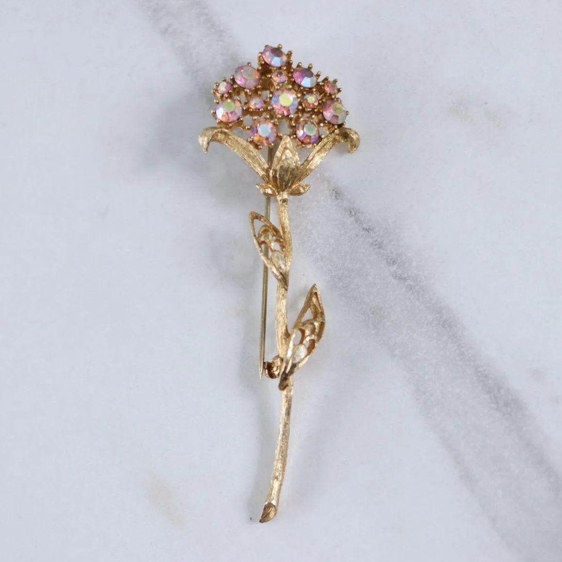 Vintage Gold Long Stem Flower Brooch with Pink Aurora Borealis Rhinestones