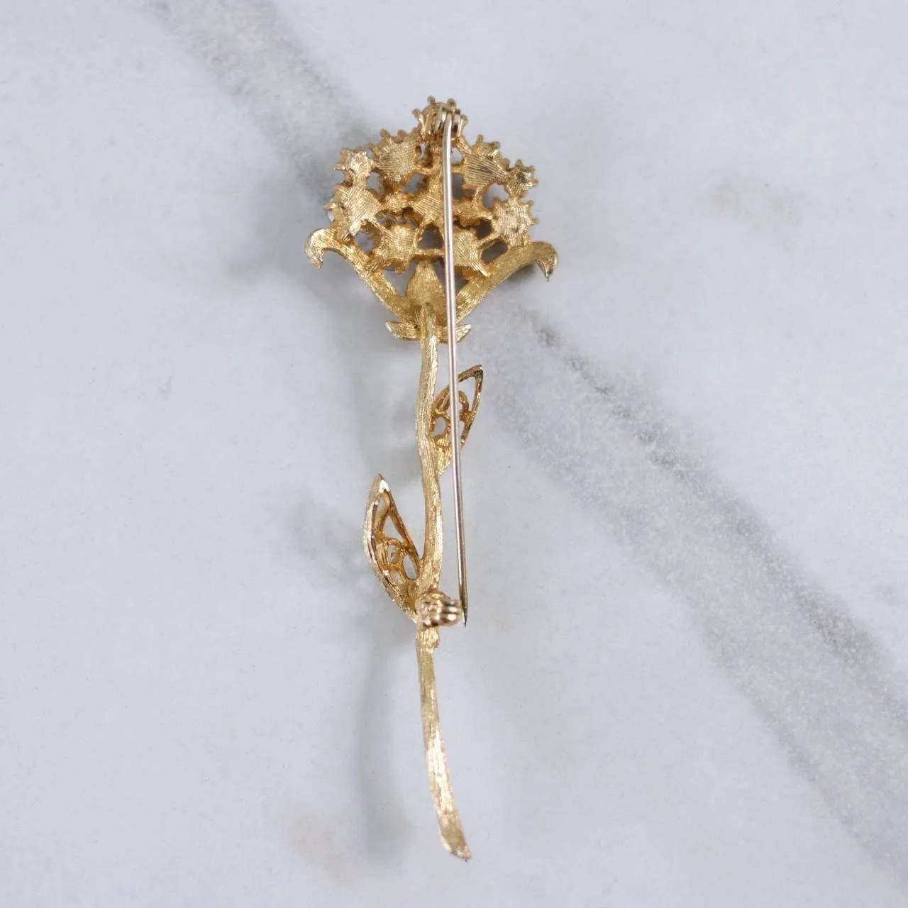 Vintage Gold Long Stem Flower Brooch with Pink Aurora Borealis Rhinestones