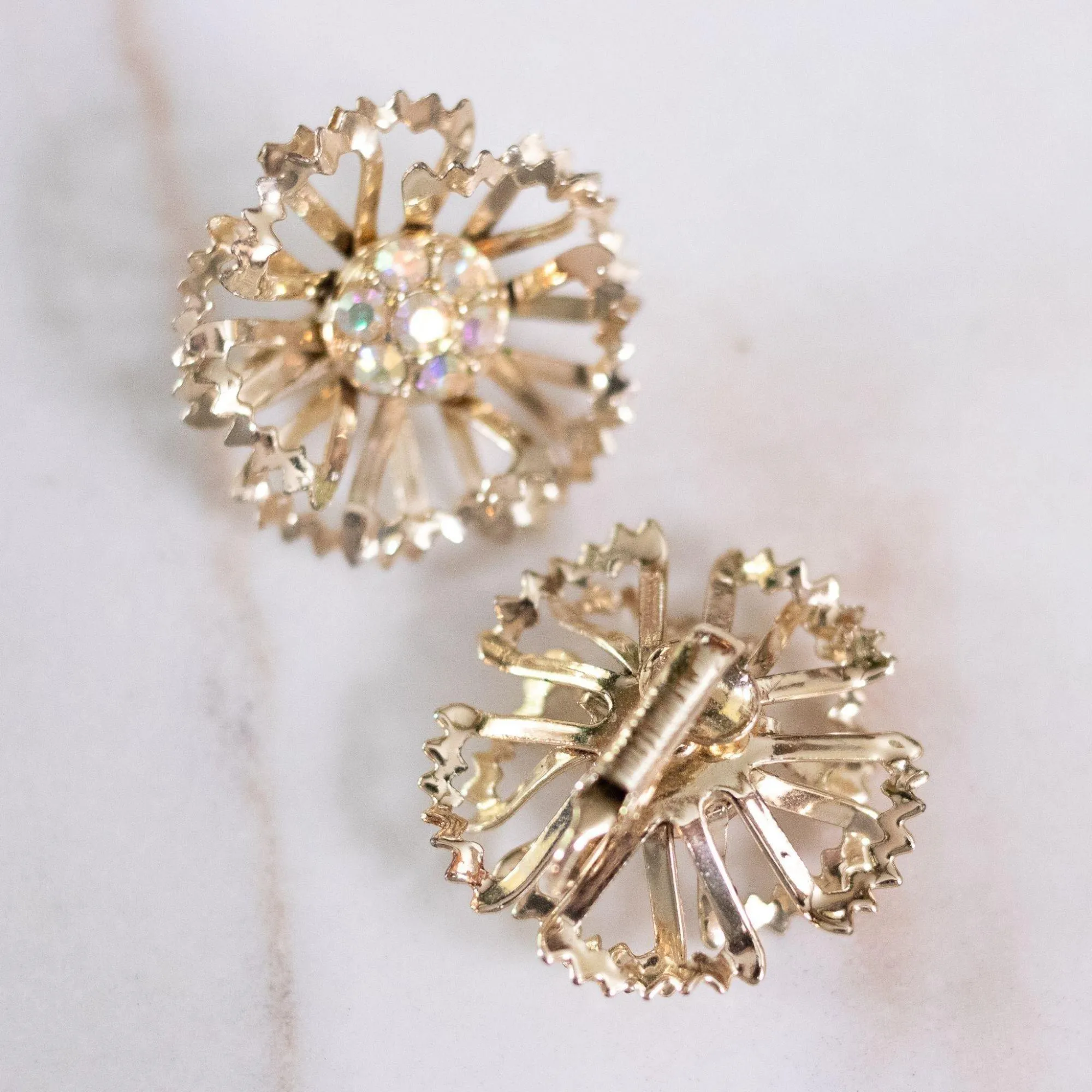 Vintage Gold Ruffle Flower Earrings With Aurora Borealis Crystals