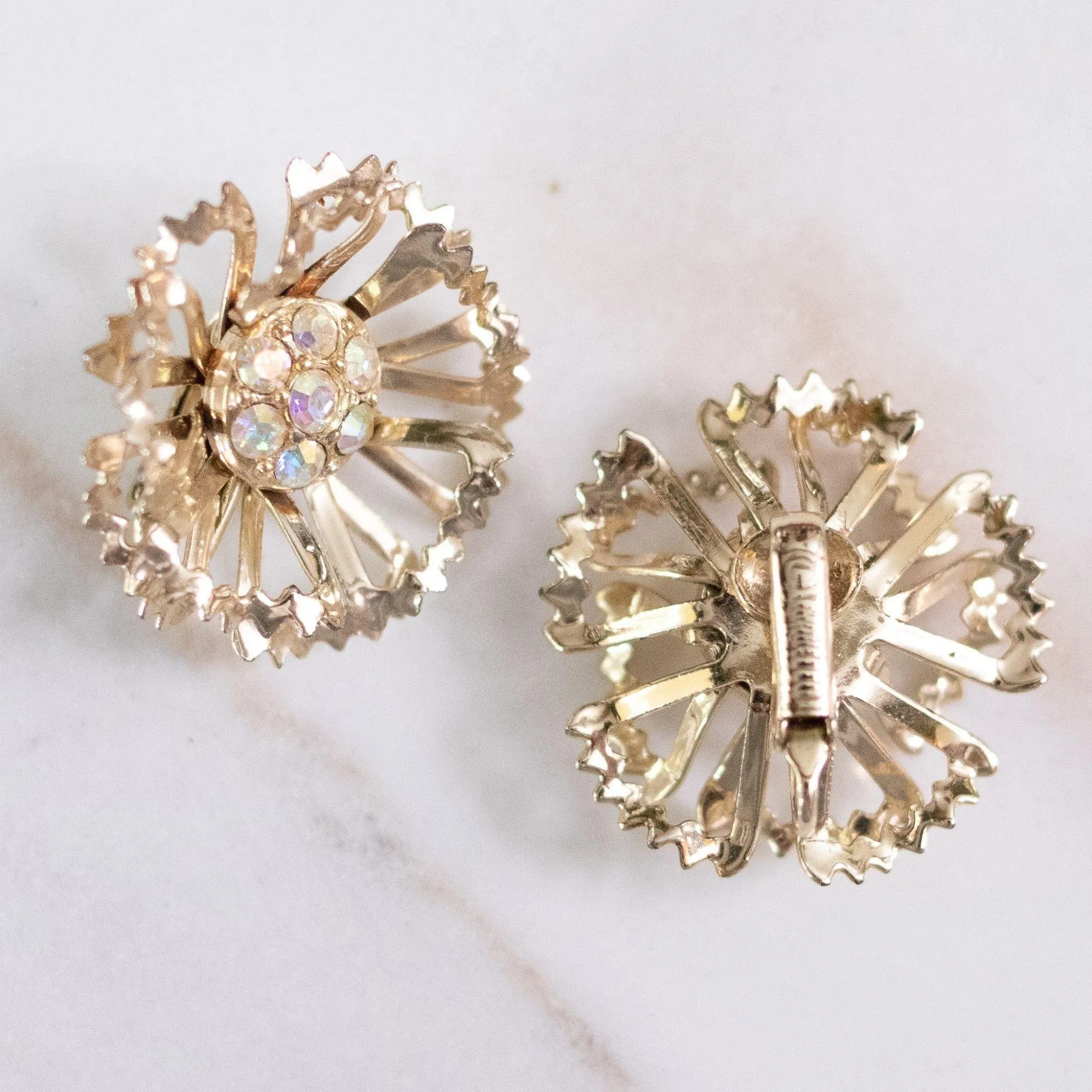 Vintage Gold Ruffle Flower Earrings With Aurora Borealis Crystals