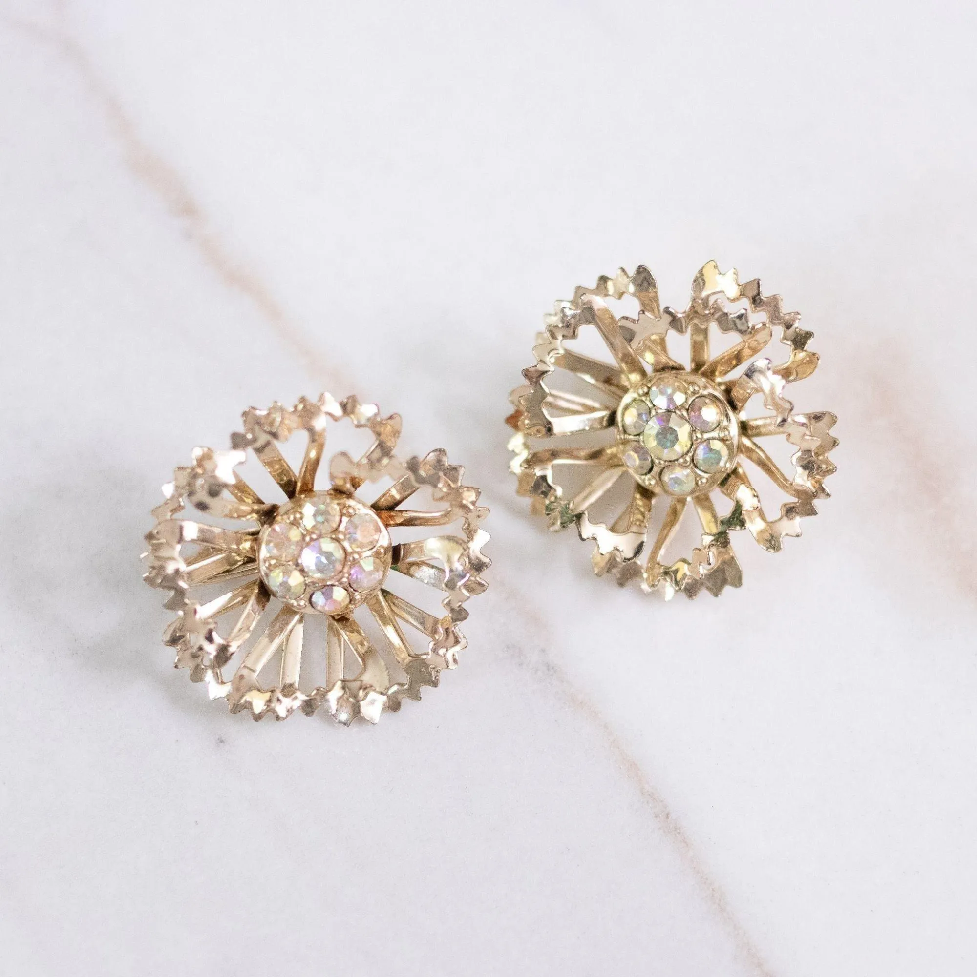 Vintage Gold Ruffle Flower Earrings With Aurora Borealis Crystals