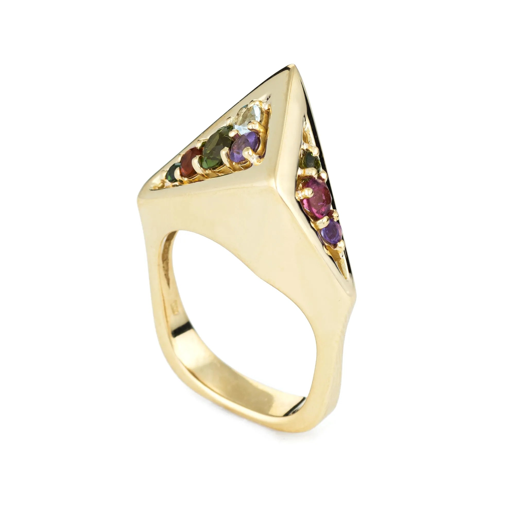 Vintage H Stern 80s Rainbow Gemstone Ring 18k Yellow Gold Geometric Jewelry Sz 6
