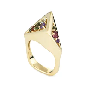 Vintage H Stern 80s Rainbow Gemstone Ring 18k Yellow Gold Geometric Jewelry Sz 6