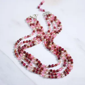 Vintage Japan Pink, Red, Faux Pearl Multi Strand Statement Necklace