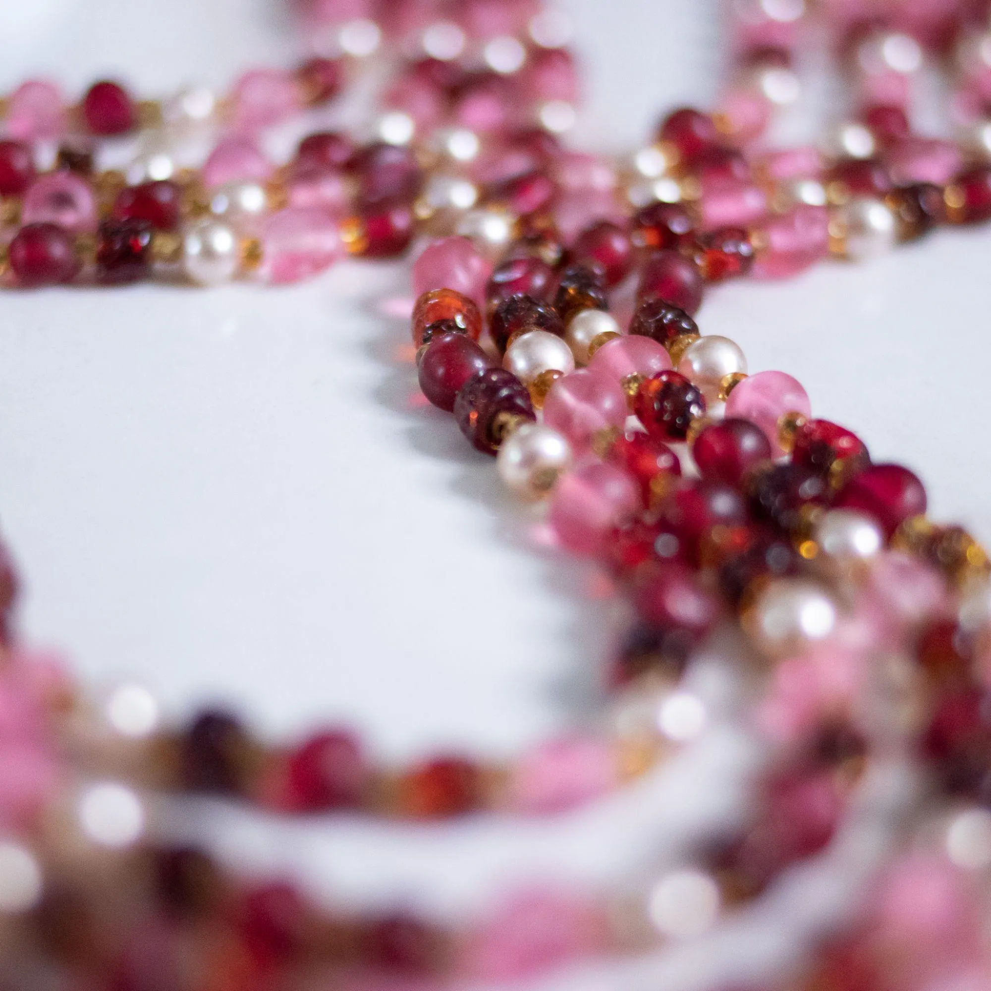Vintage Japan Pink, Red, Faux Pearl Multi Strand Statement Necklace