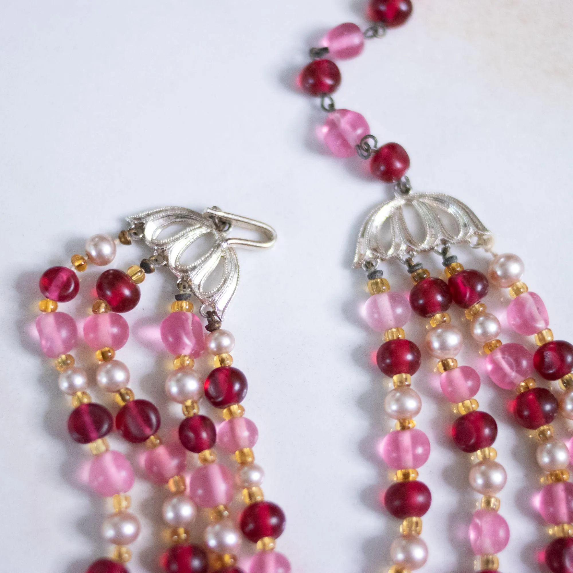 Vintage Japan Pink, Red, Faux Pearl Multi Strand Statement Necklace