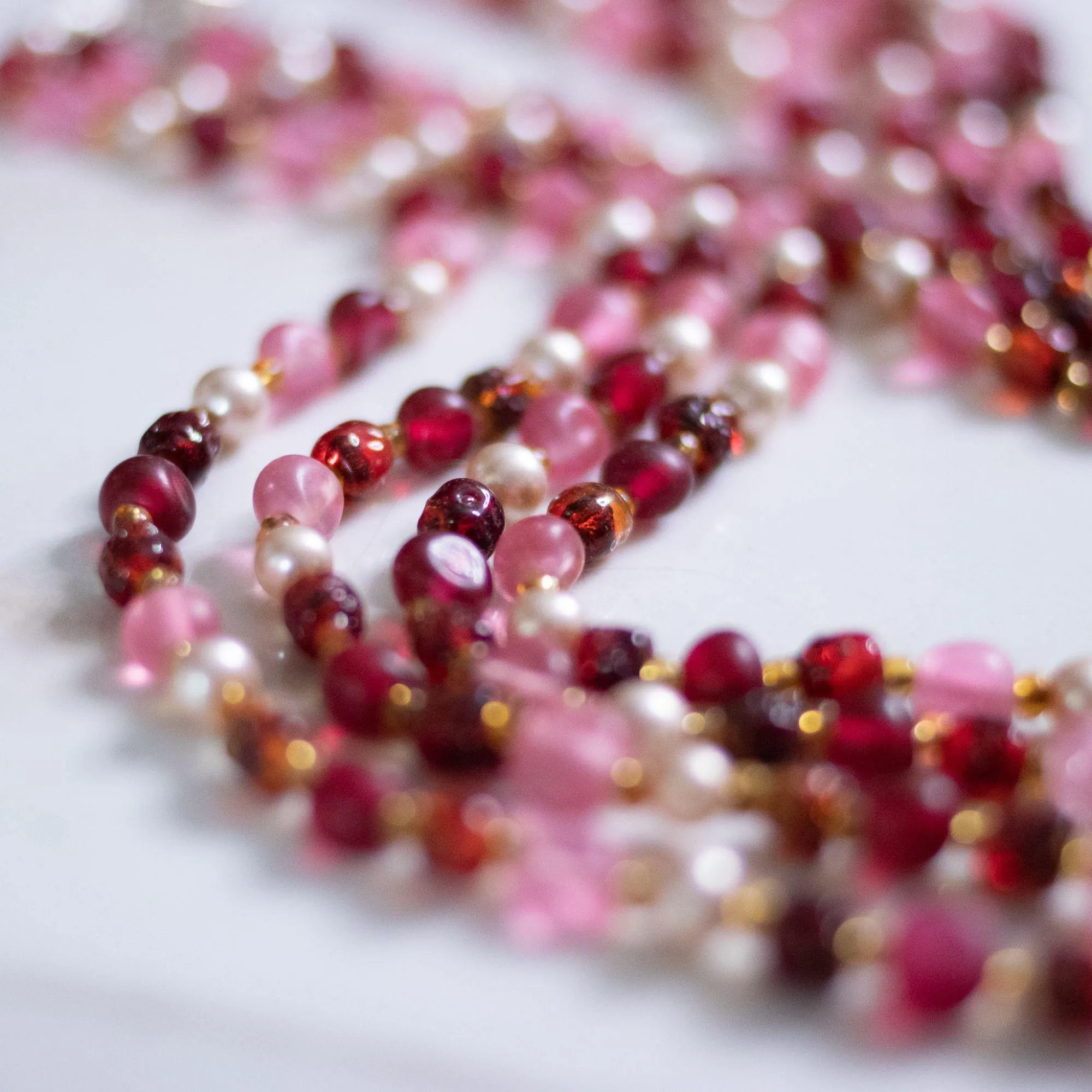 Vintage Japan Pink, Red, Faux Pearl Multi Strand Statement Necklace
