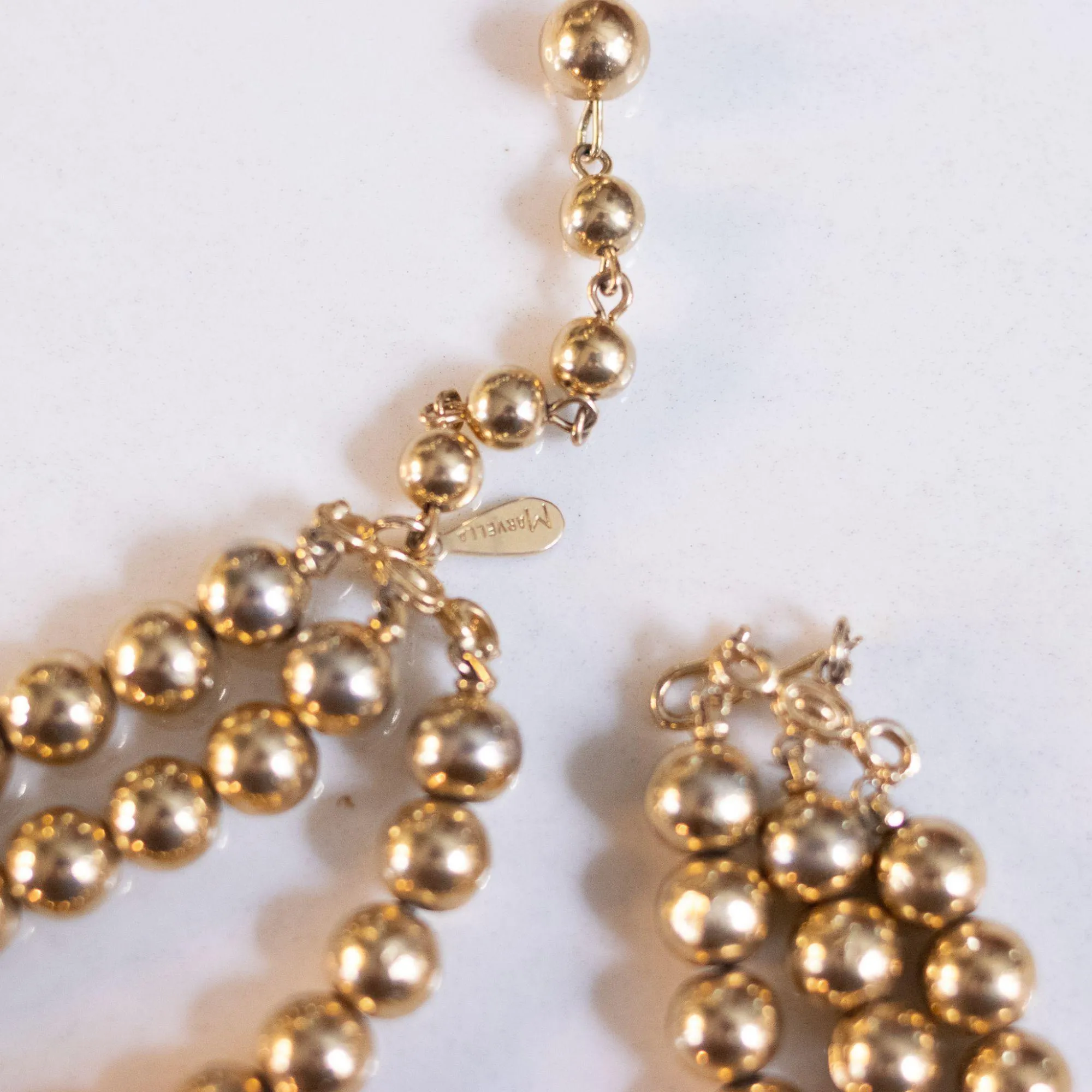 Vintage Marvella Triple Strand Gold Bead Necklace