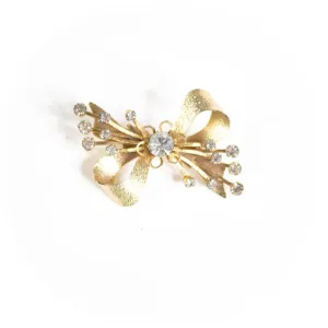 Vintage Mid Century Modern Gold Bow Brooch with Rhinestones