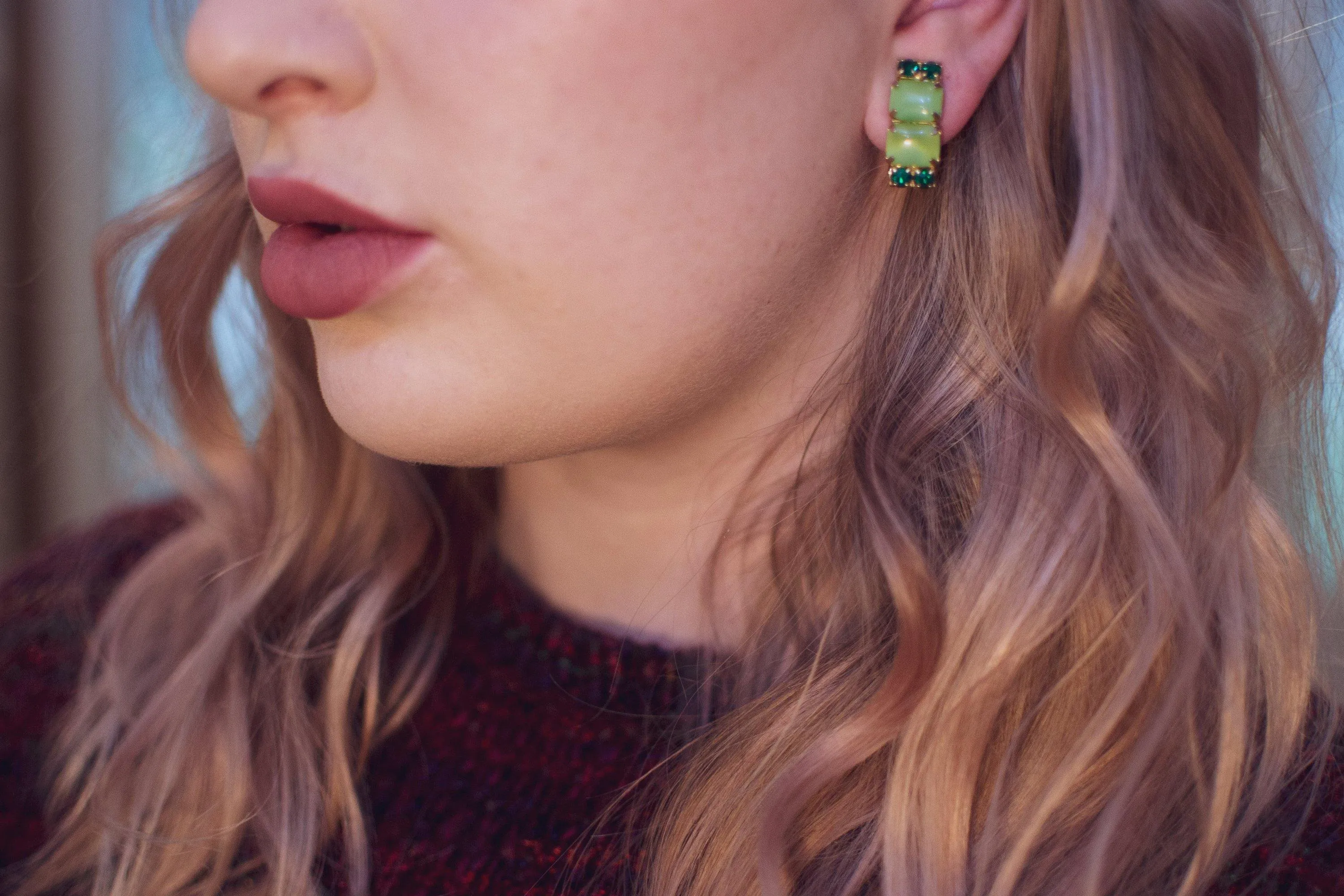Vintage Mid Century Modern Light Green Cabochon and Dark Green Rhinestone Earrings, Clip On