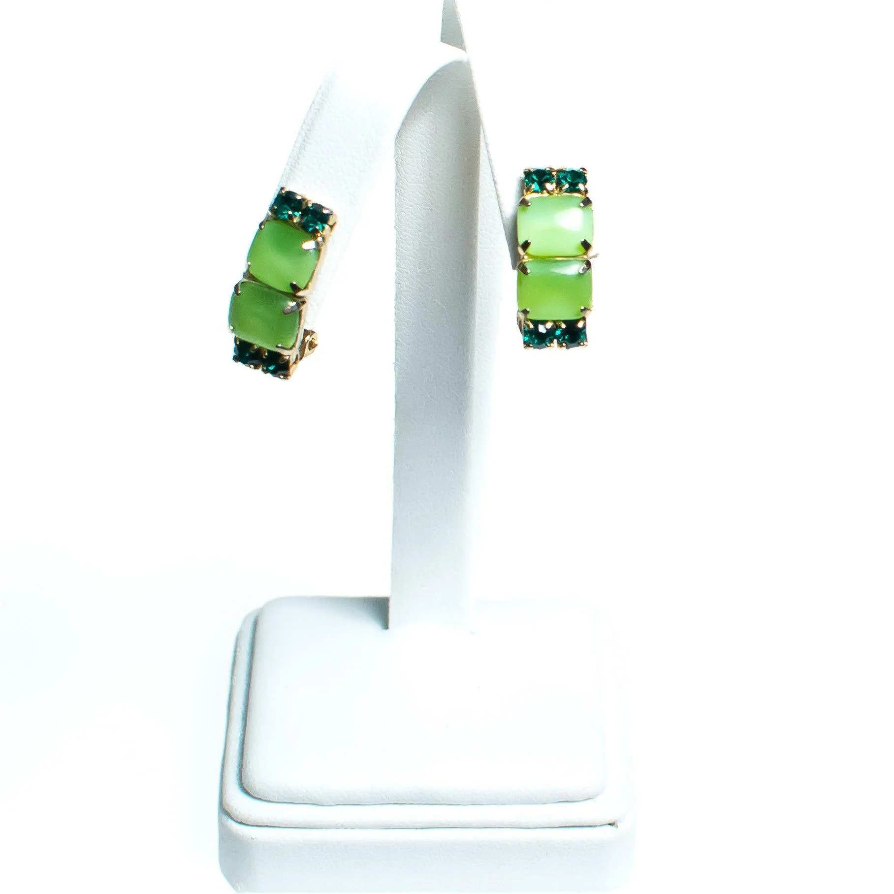 Vintage Mid Century Modern Light Green Cabochon and Dark Green Rhinestone Earrings, Clip On
