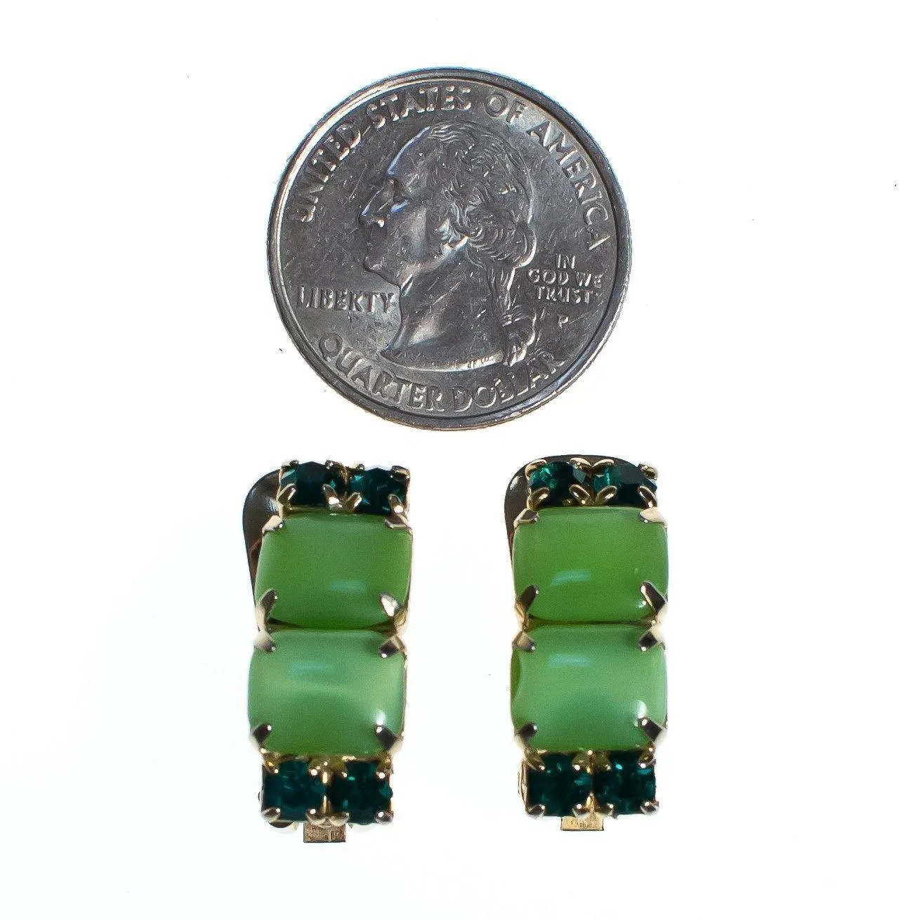 Vintage Mid Century Modern Light Green Cabochon and Dark Green Rhinestone Earrings, Clip On