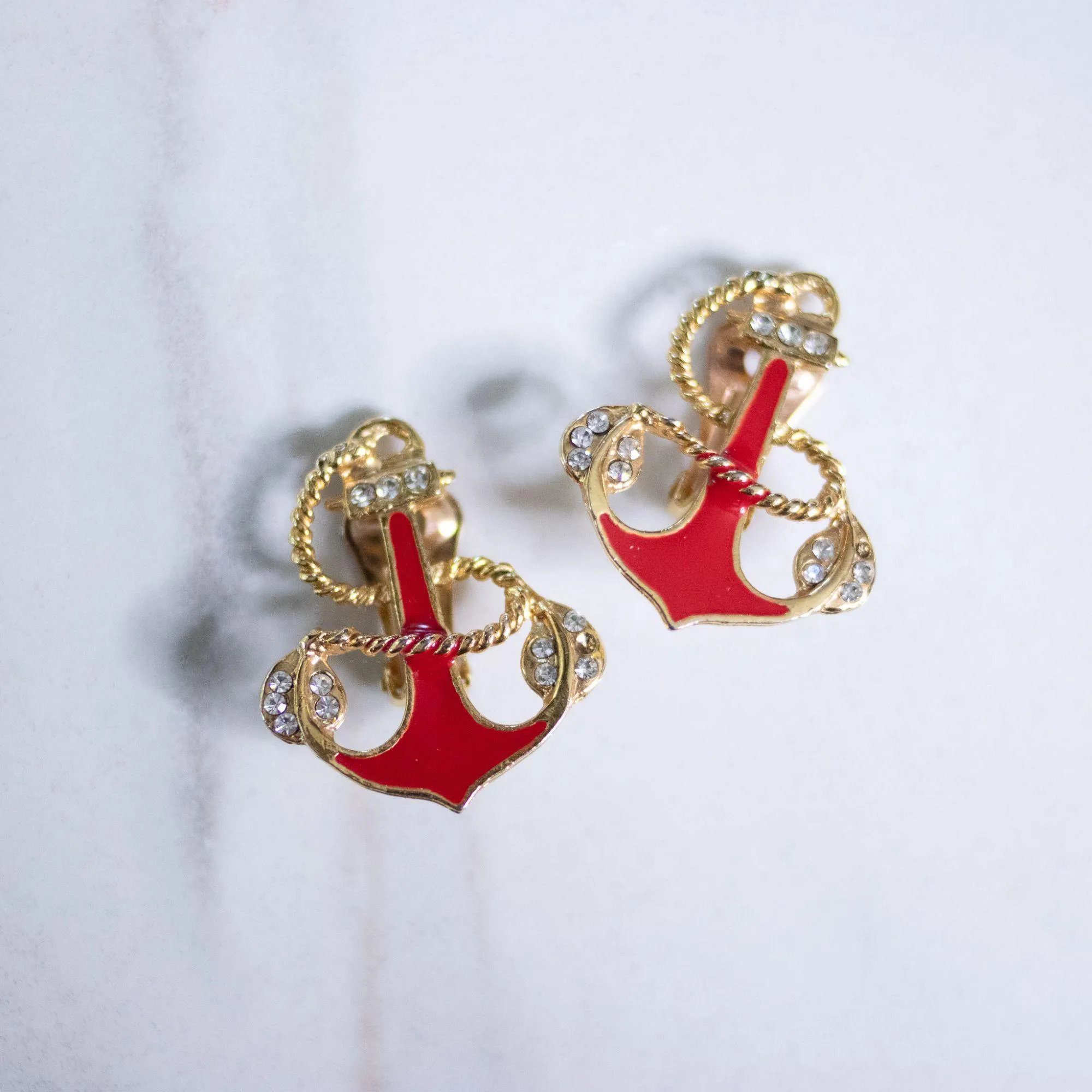 Vintage Red and Gold Anchor Statement Earrings