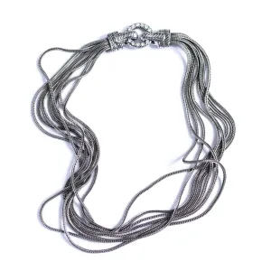 Vintage Silver Multi-Strand Serpentine Chain Necklace with Rhinestone Clasp