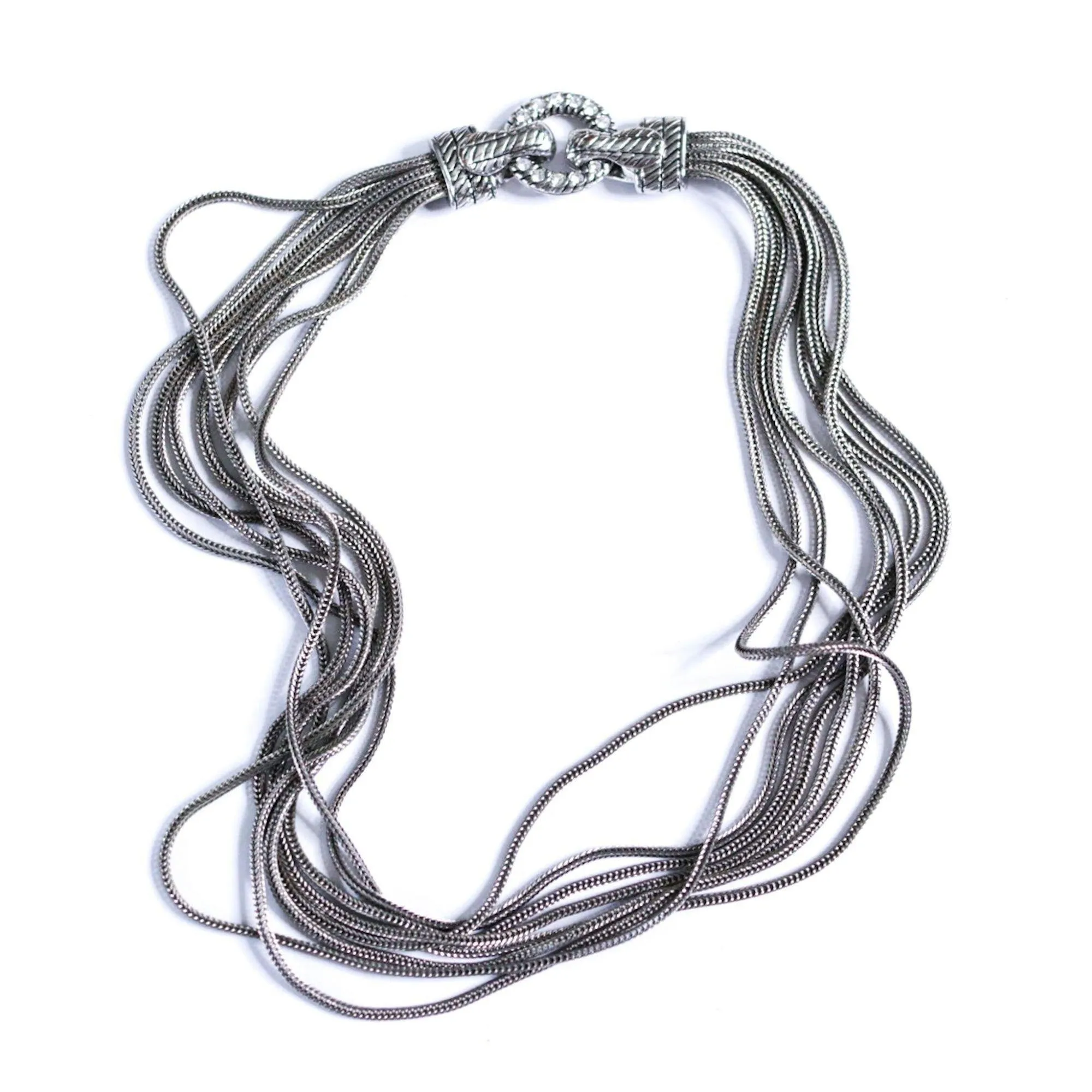 Vintage Silver Multi-Strand Serpentine Chain Necklace with Rhinestone Clasp