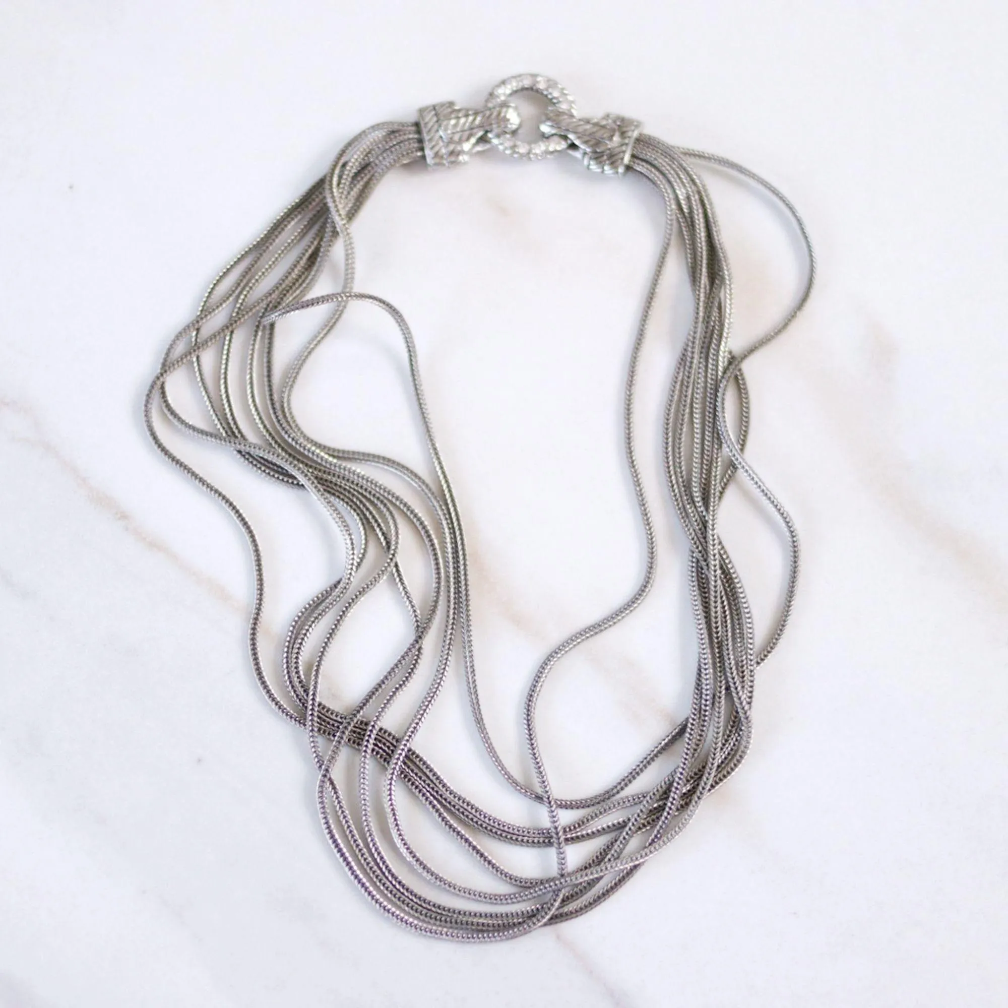 Vintage Silver Multi-Strand Serpentine Chain Necklace with Rhinestone Clasp