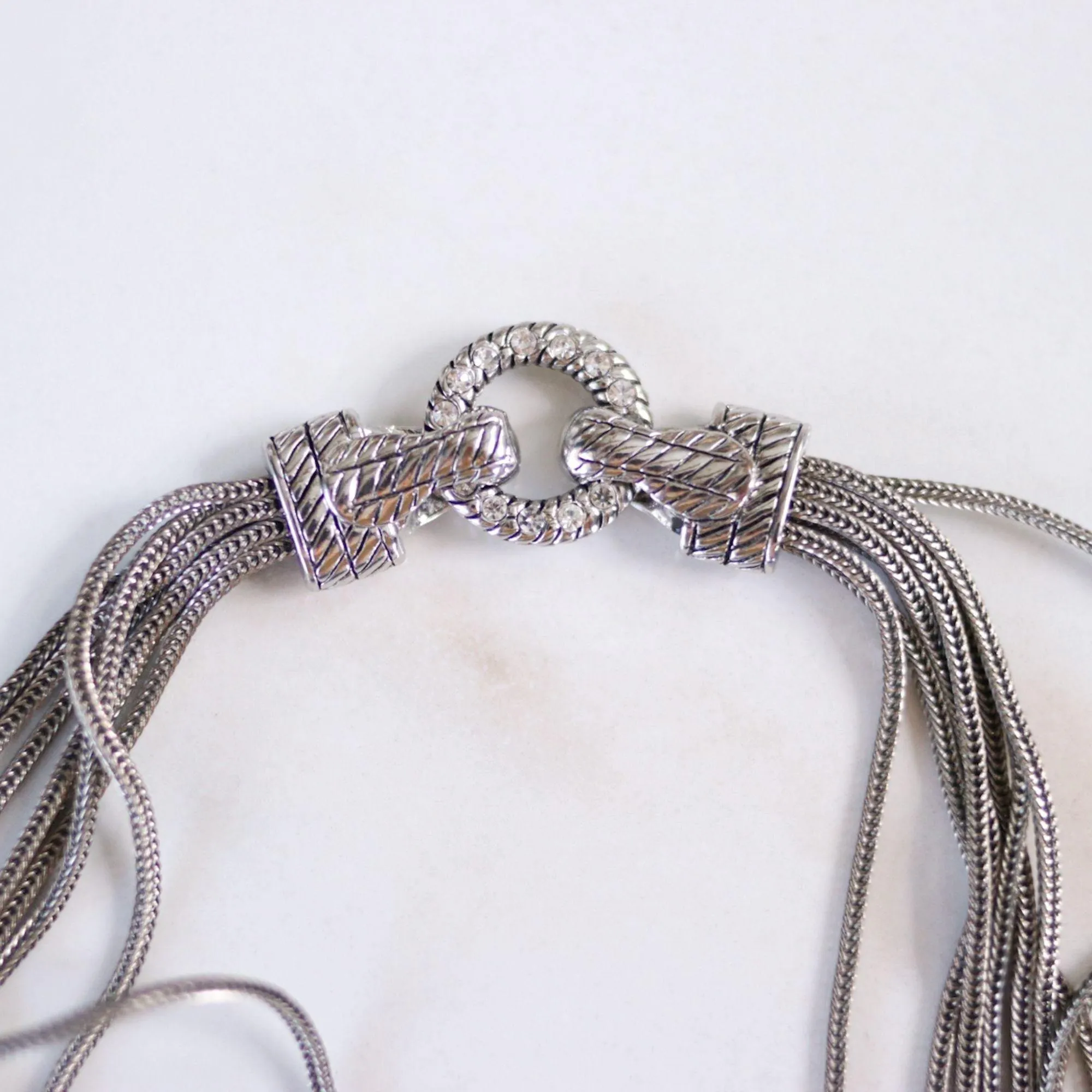 Vintage Silver Multi-Strand Serpentine Chain Necklace with Rhinestone Clasp