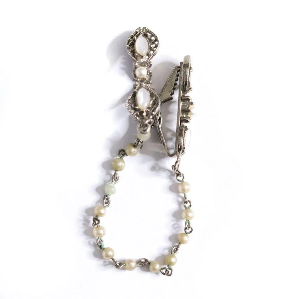Vintage Silver Sweater Guard with Cats Eye Glass and Faux Pearls