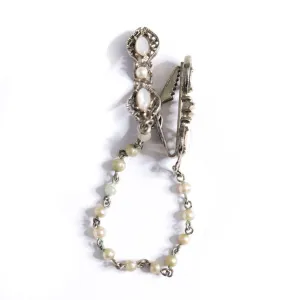 Vintage Silver Sweater Guard with Cats Eye Glass and Faux Pearls
