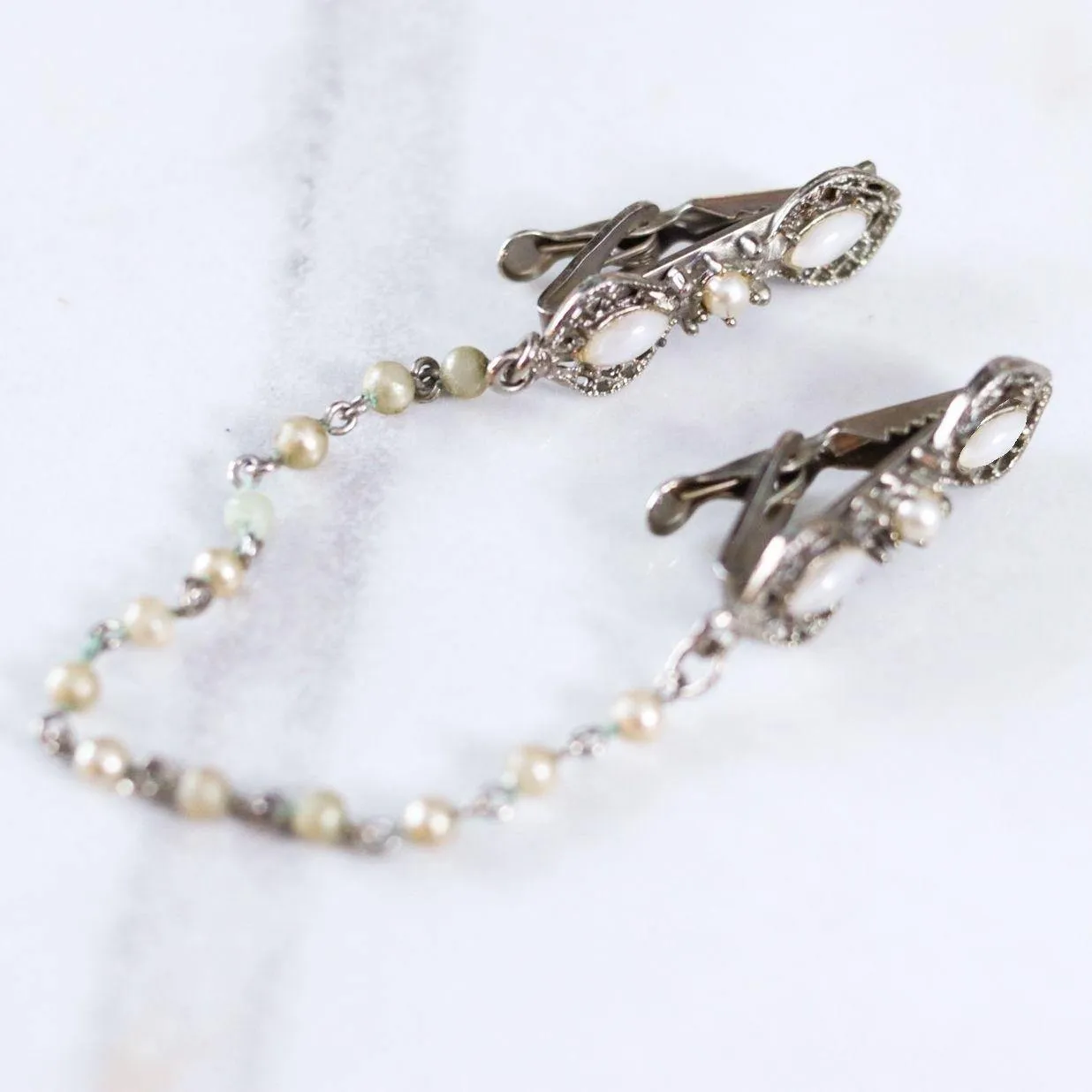 Vintage Silver Sweater Guard with Cats Eye Glass and Faux Pearls