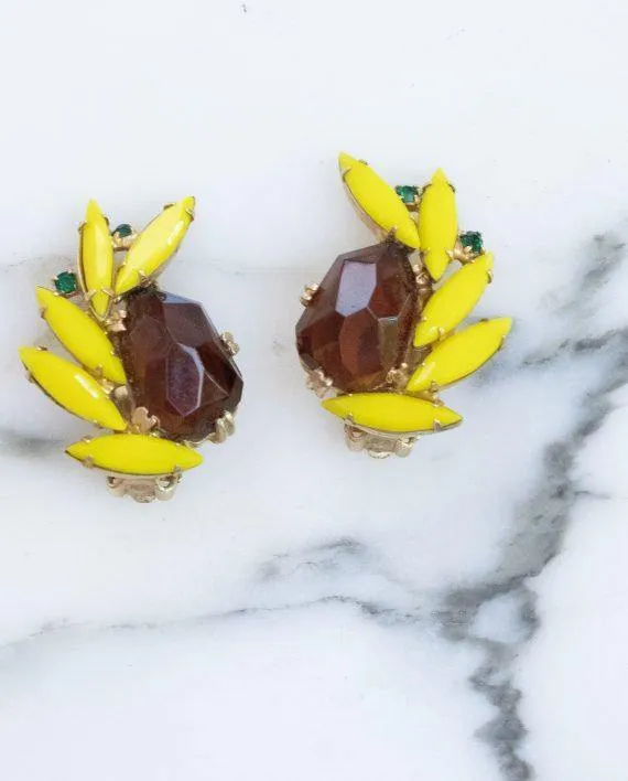 Vintage Tara Yellow and Brown Rhinestone Earrings