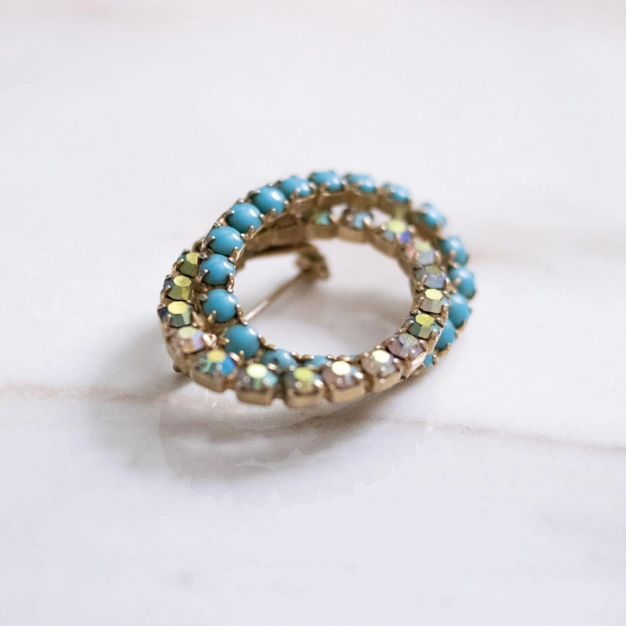 Vintage Turquoise Milk Glass and Aurora Borealis Brooch