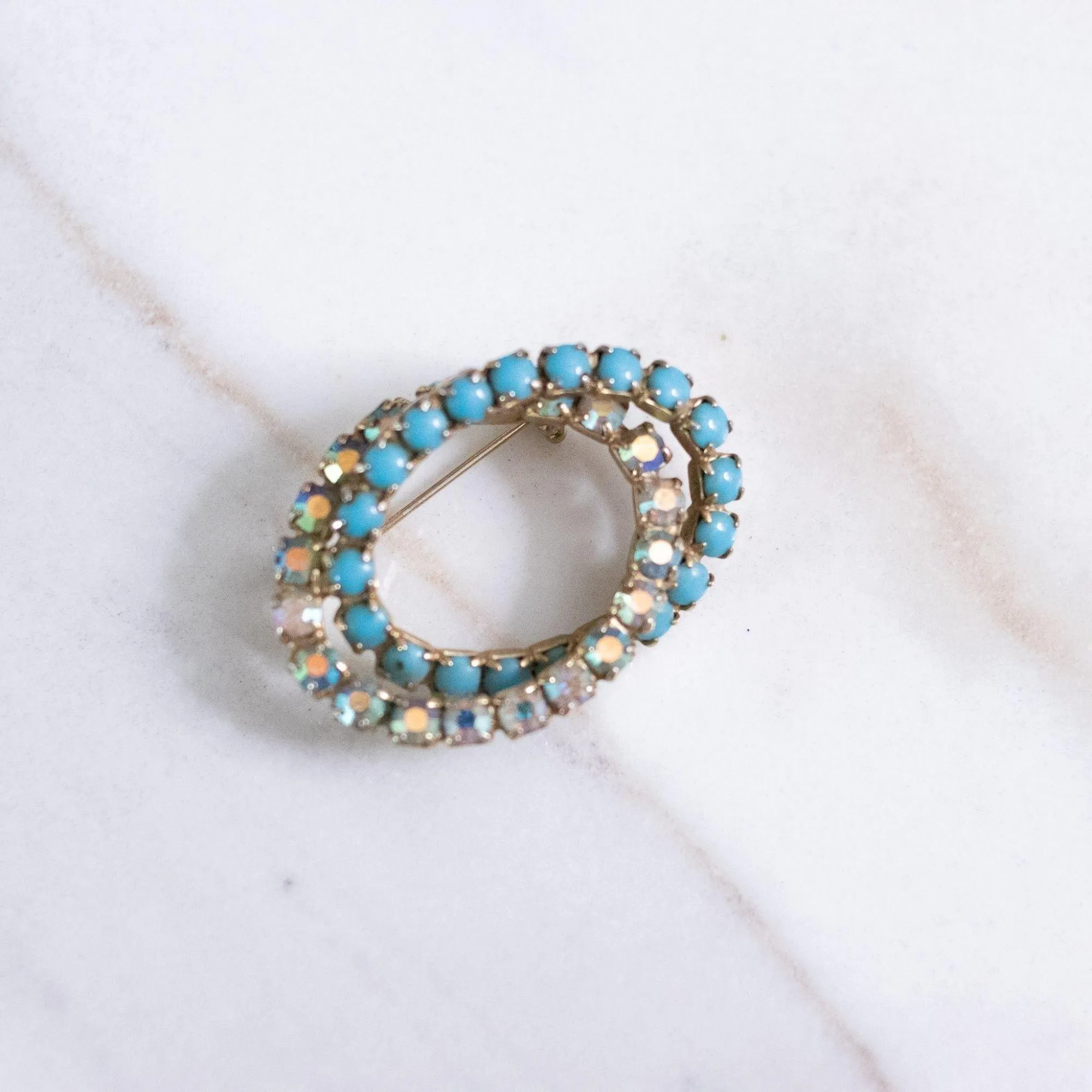 Vintage Turquoise Milk Glass and Aurora Borealis Brooch
