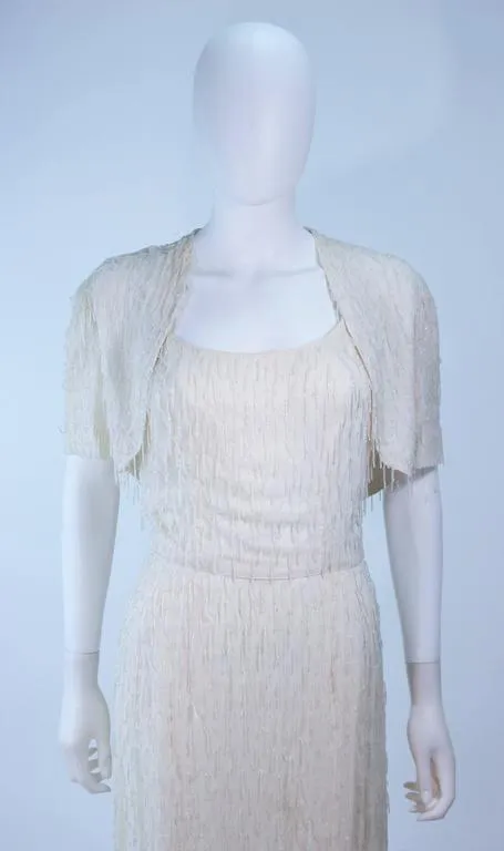 VINTAGE White Beaded Fringe Gown with Bolero Size 10