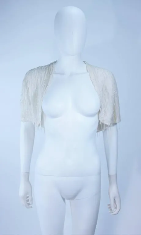 VINTAGE White Beaded Fringe Gown with Bolero Size 10