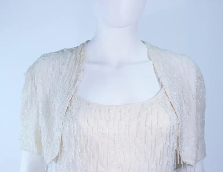 VINTAGE White Beaded Fringe Gown with Bolero Size 10