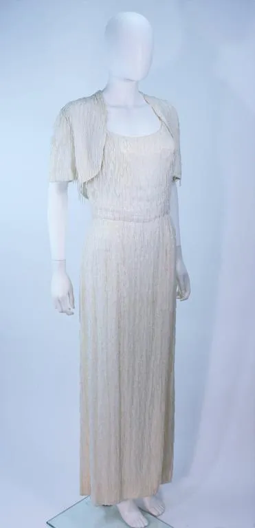 VINTAGE White Beaded Fringe Gown with Bolero Size 10
