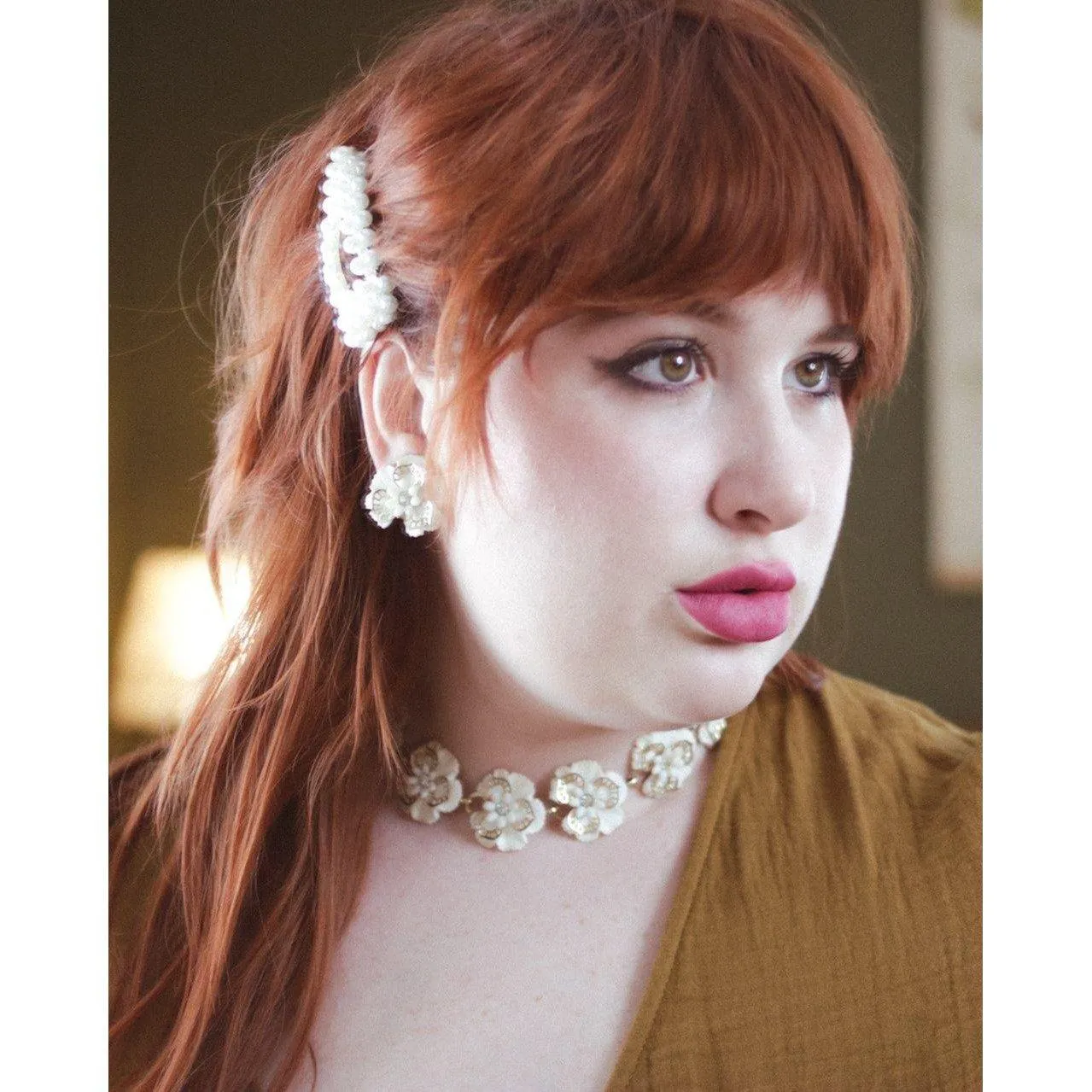 Vintage White Pansy Flower with Rhinestones Statement Earrings