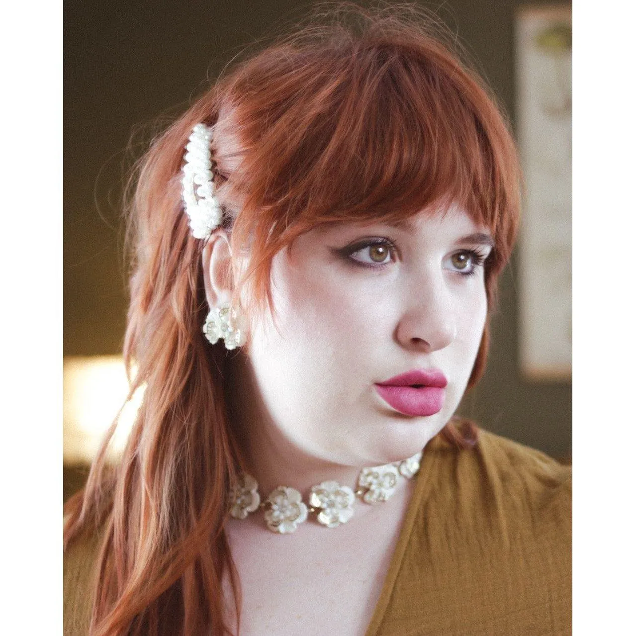 Vintage White Pansy Flower with Rhinestones Statement Earrings
