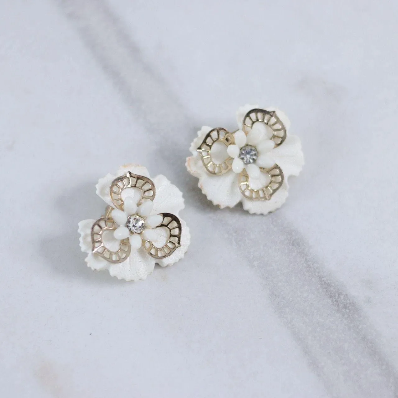 Vintage White Pansy Flower with Rhinestones Statement Earrings