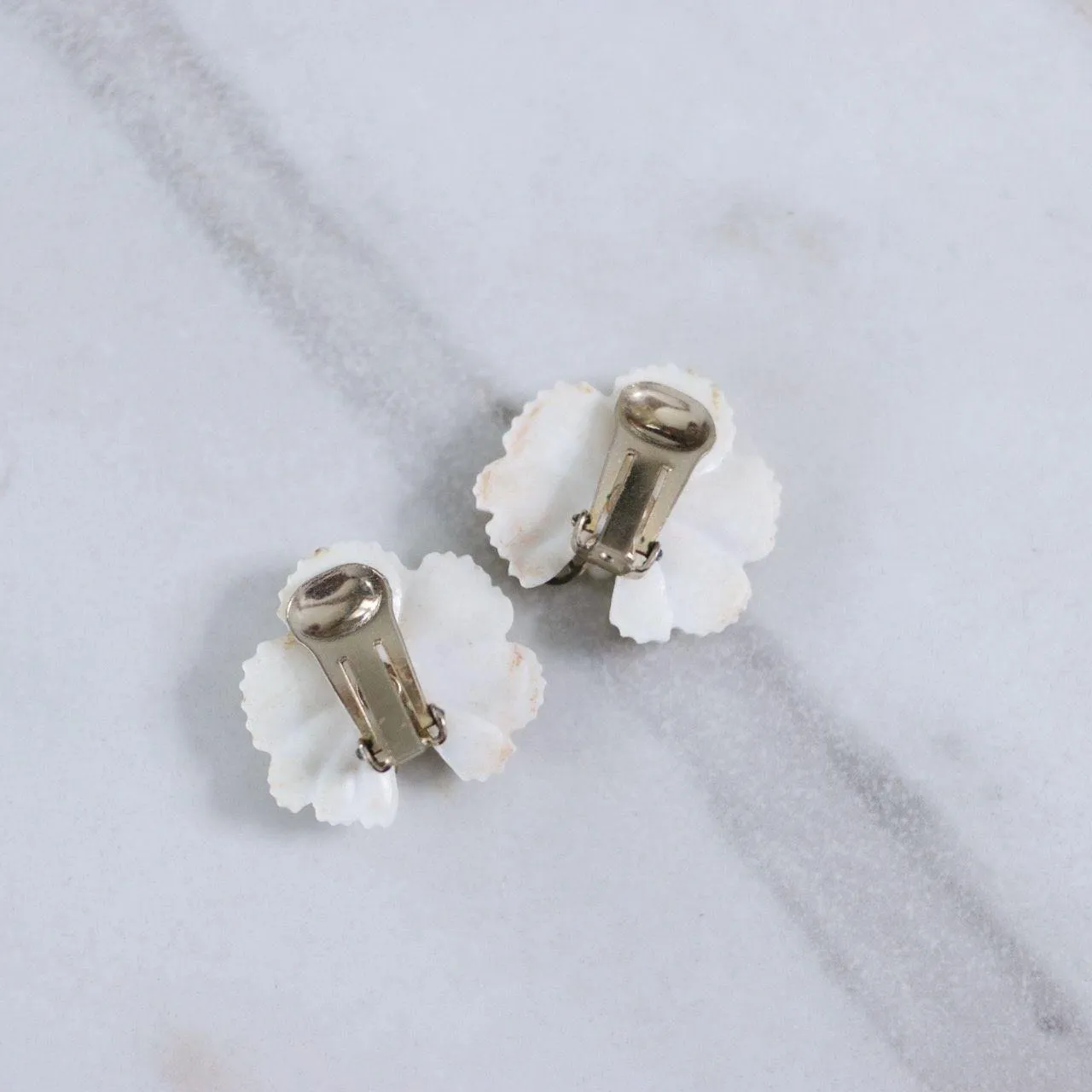 Vintage White Pansy Flower with Rhinestones Statement Earrings