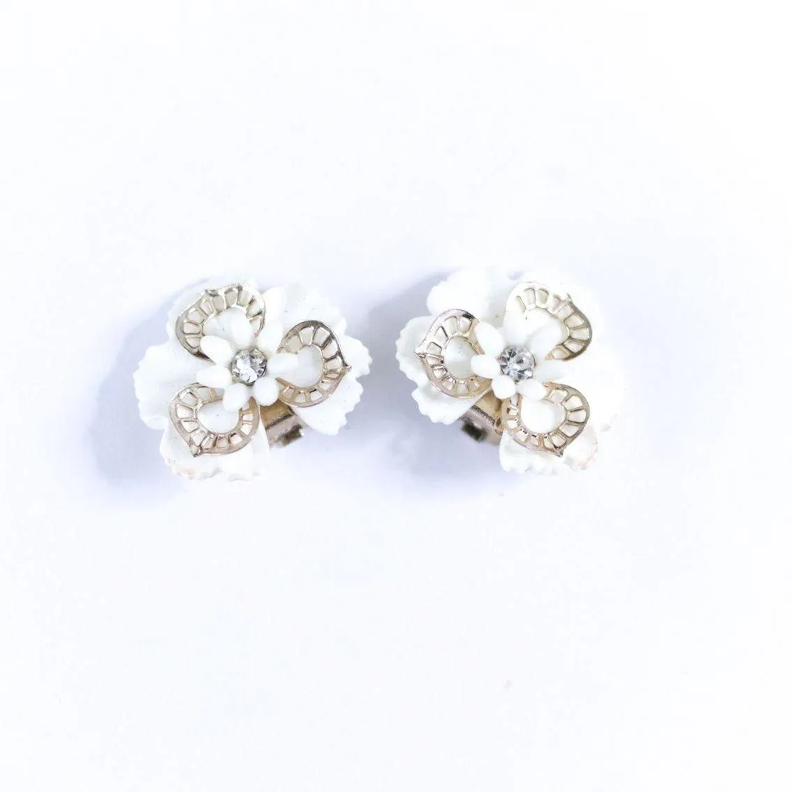 Vintage White Pansy Flower with Rhinestones Statement Earrings