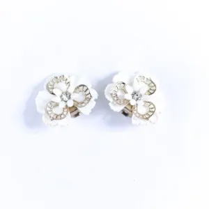 Vintage White Pansy Flower with Rhinestones Statement Earrings