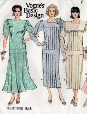 Vogue Basic Design 1846 Womens Straight Dropped Waist Dresses 1980s Vintage Sewing Pattern Size 8