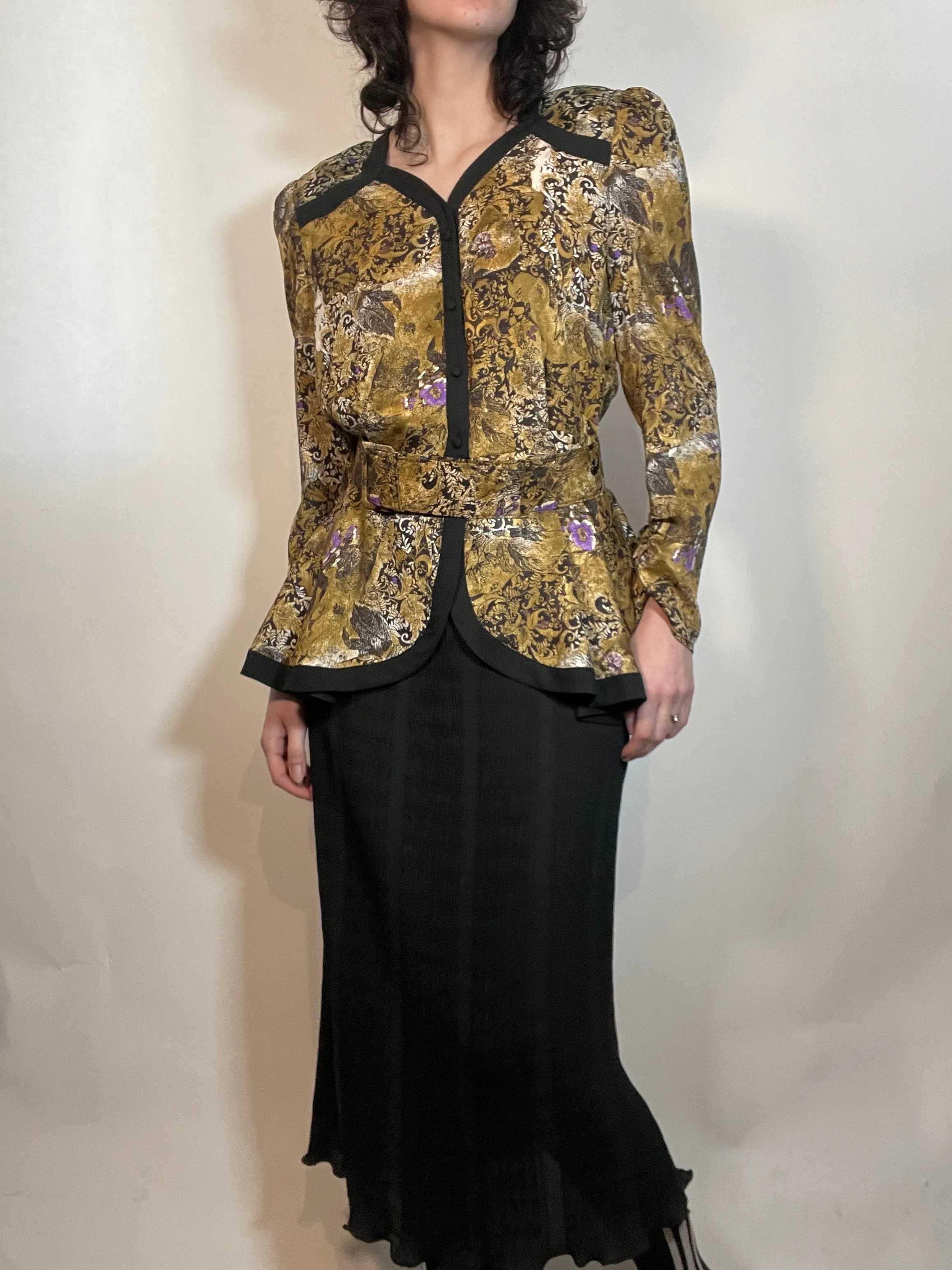 Vtg 80s DIANE FRES 2 piece suit/ Dress with Peplum Jacket & Skirt